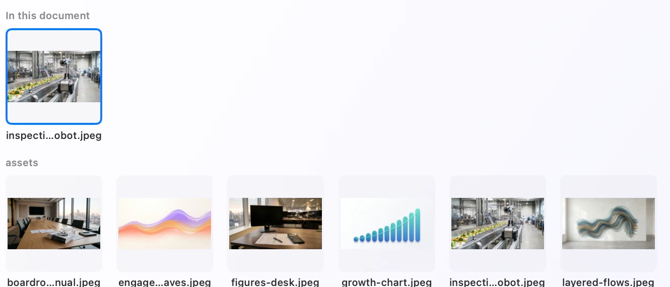 Flow's image gallery grouped by folder, with the document's pictures first and the current picture marked.
