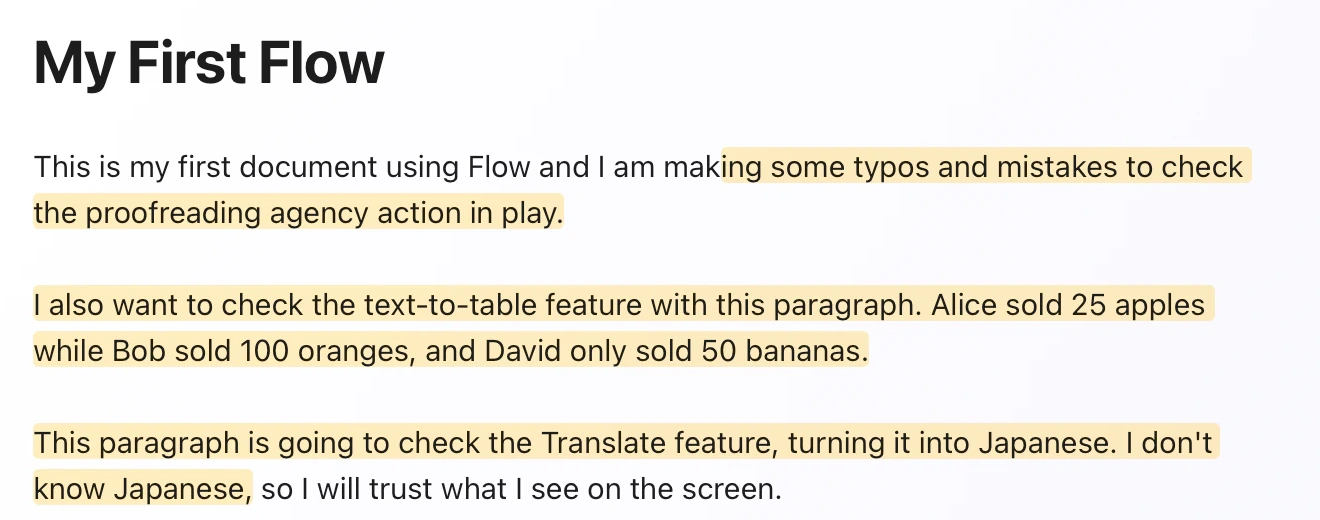 The proposed document in Flow, scrolled to the corrected sentence with the change highlighted.