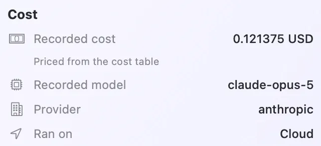 The cost block of a Flow run card: recorded cost, model, provider, and where it ran.