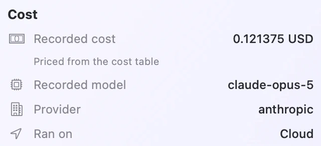 The cost block of a Flow run card: recorded cost, model, provider, and where it ran.
