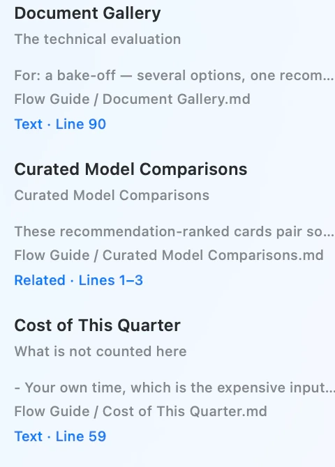 Flow search results with abstracts, folder-qualified paths, and the exact matching line.