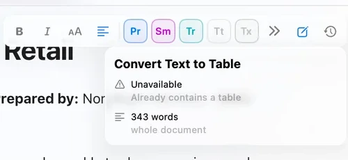 Convert Text to Table unavailable because the document already contains a table, with the document scope still shown.