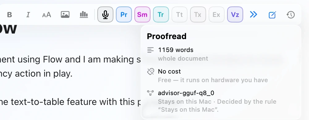 Flow's document tool strip with Proofread open, showing the document scope, no cost, and the local model that would run.