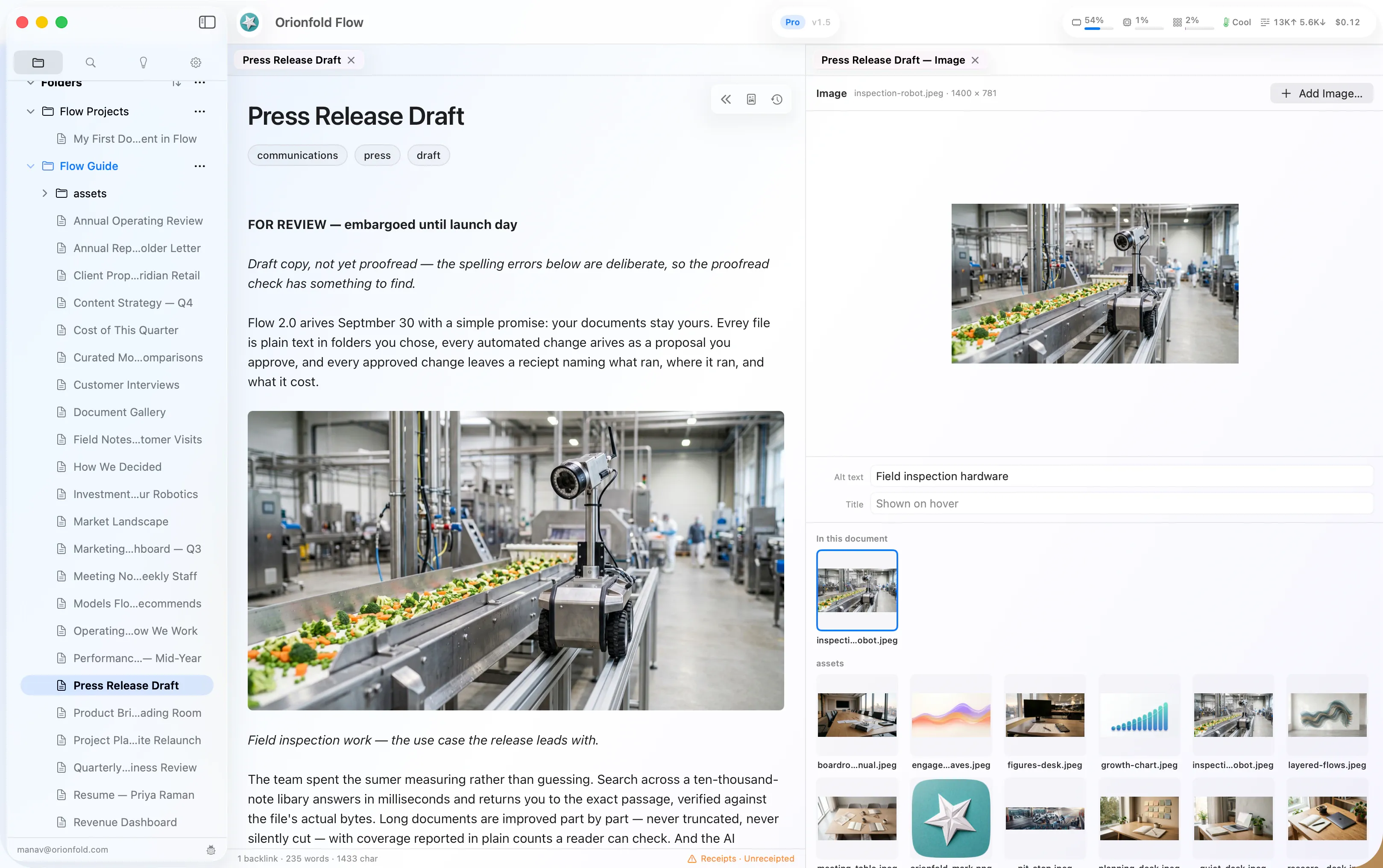 Orionfold Flow with a picture rendered in a document and the image gallery open on the same file.