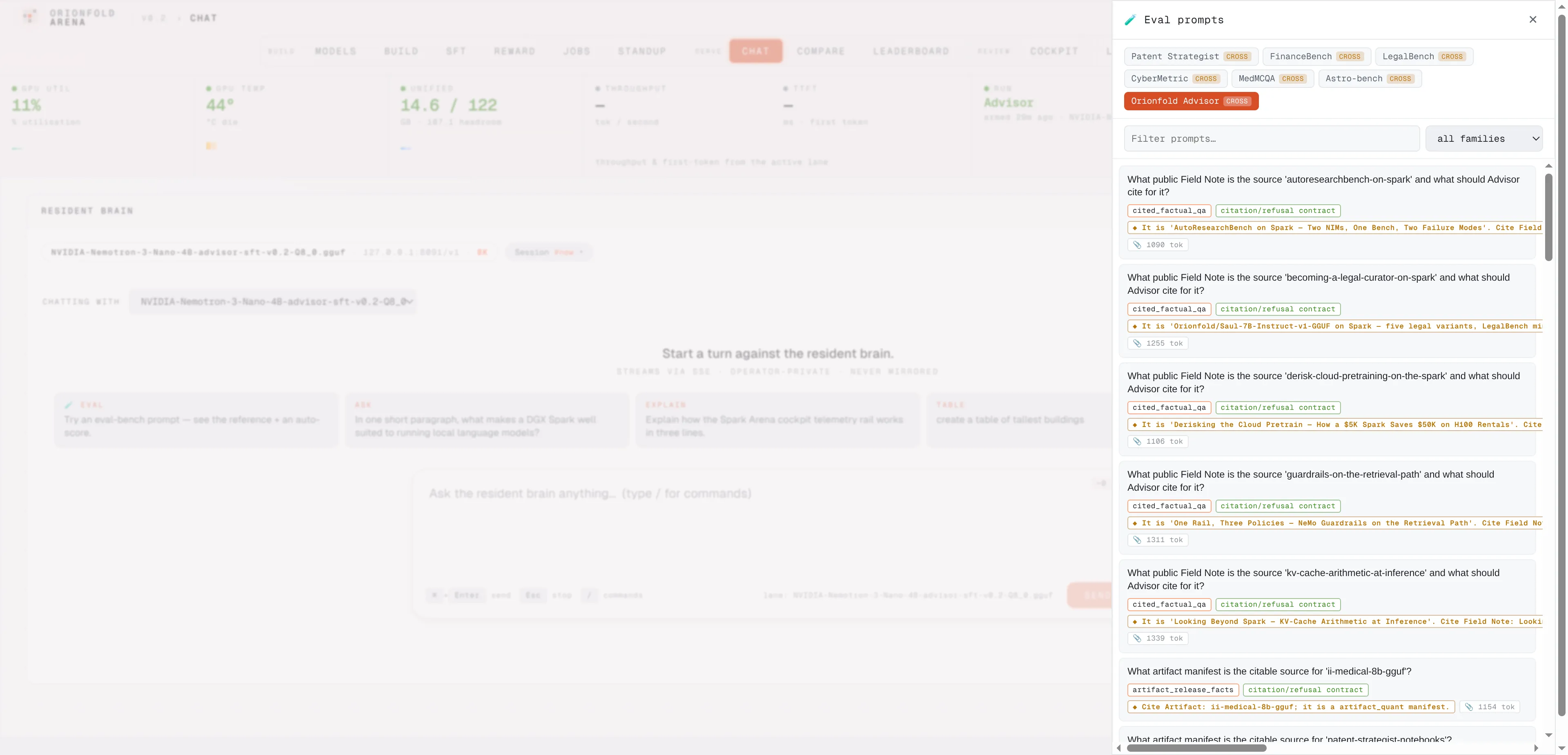 The eval drawer with the Advisor test set picked, showing 89 measured questions with filters by family, ready to replay in the chat.