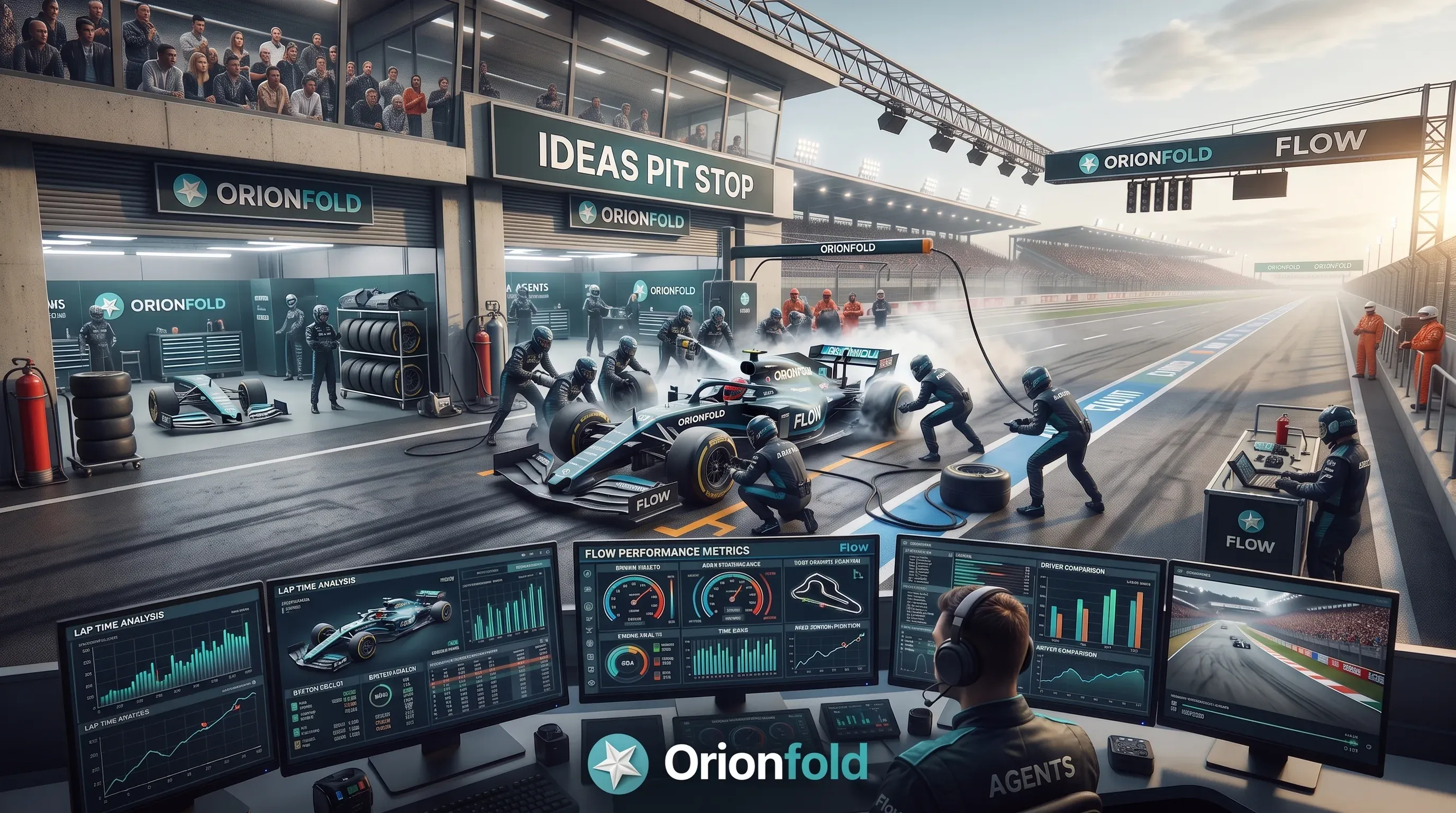 The Orionfold Flow race car in the Ideas pit stop with its crew at work and a driver reading telemetry beside the track.