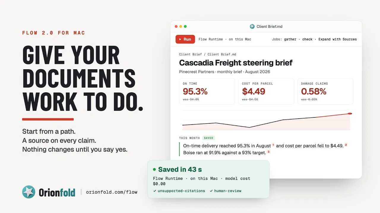 Video poster: "Give your documents work to do." beside a Flow client brief with a source on every claim.