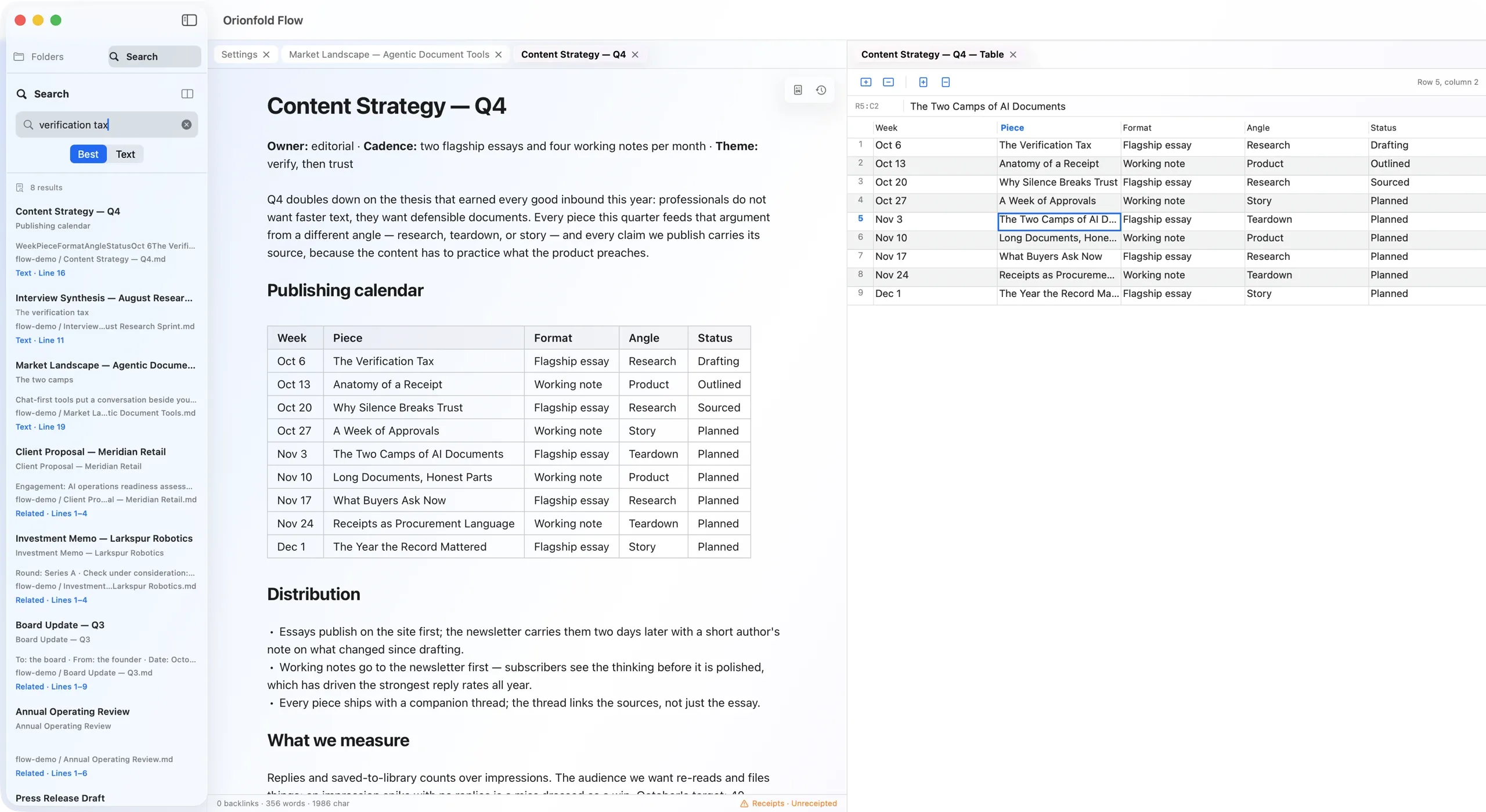 Flow search across a demo library, with results and match reasons beside two open documents.