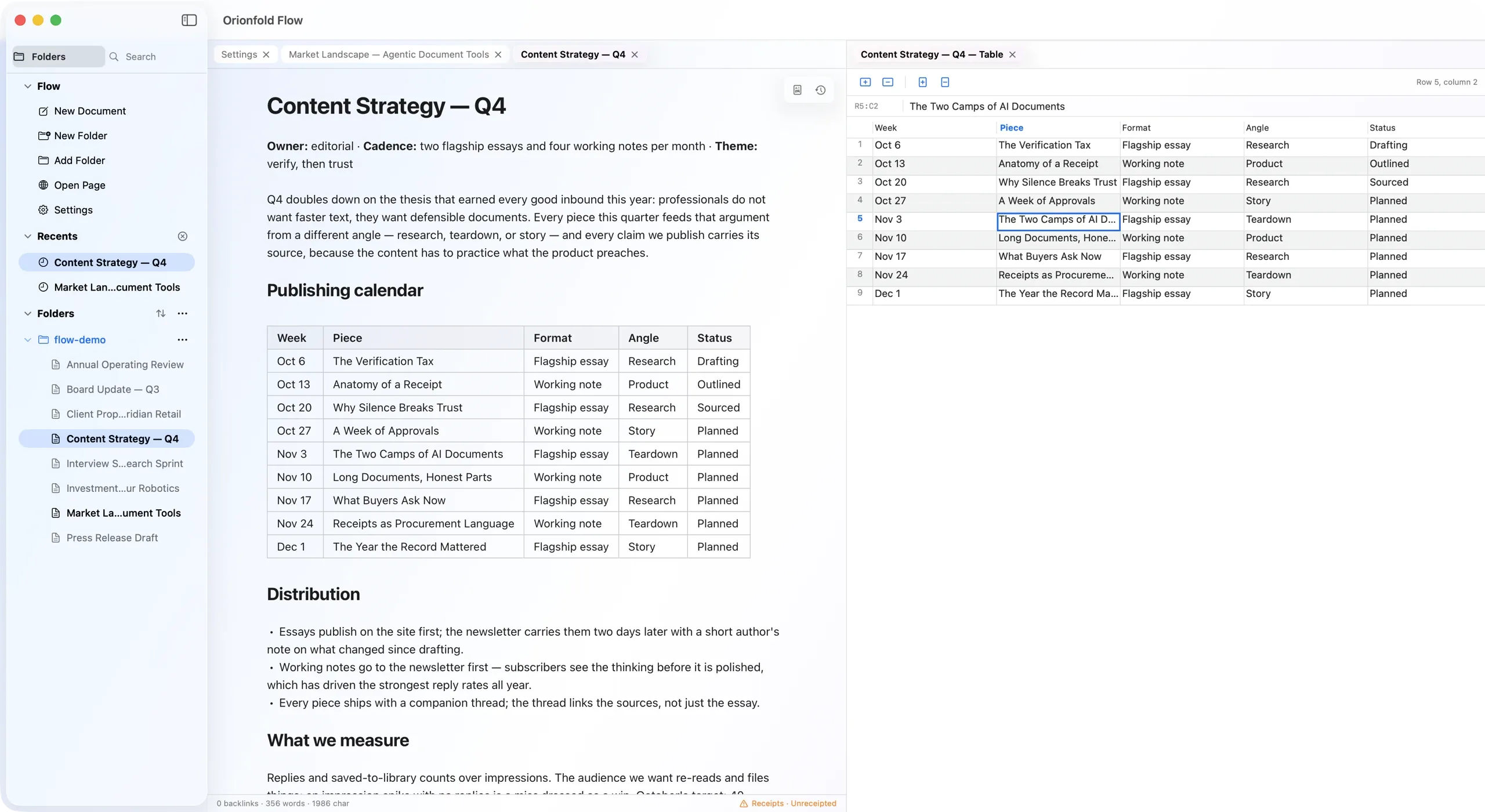 The same Markdown table rendered in a document and open in Flow's spreadsheet-style grid.
