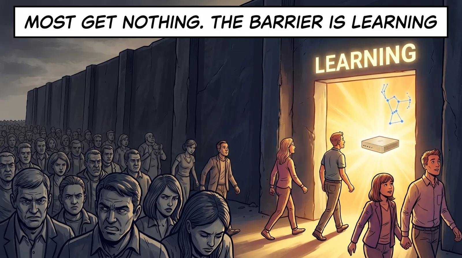 Editorial comic. A crowd is stuck behind a wall while a few people walk through a door marked Learning into bright light, where a small gold desktop AI glows.
