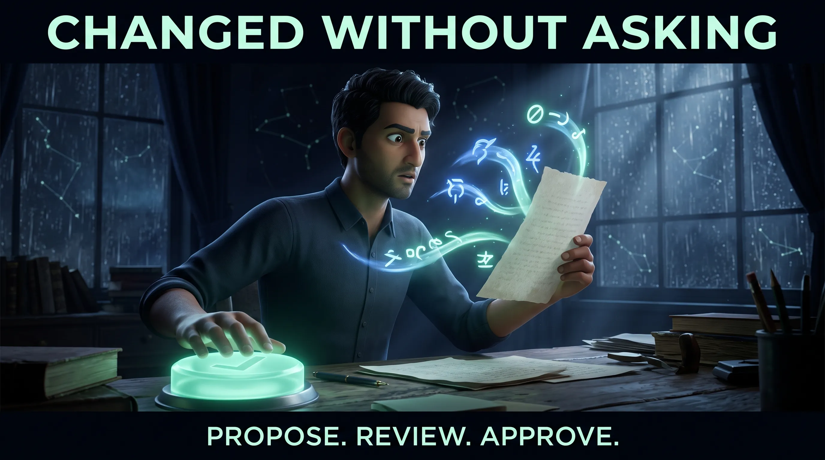 A writer reviews glowing revisions from a paper while holding a physical approval control in a rain-lit studio.