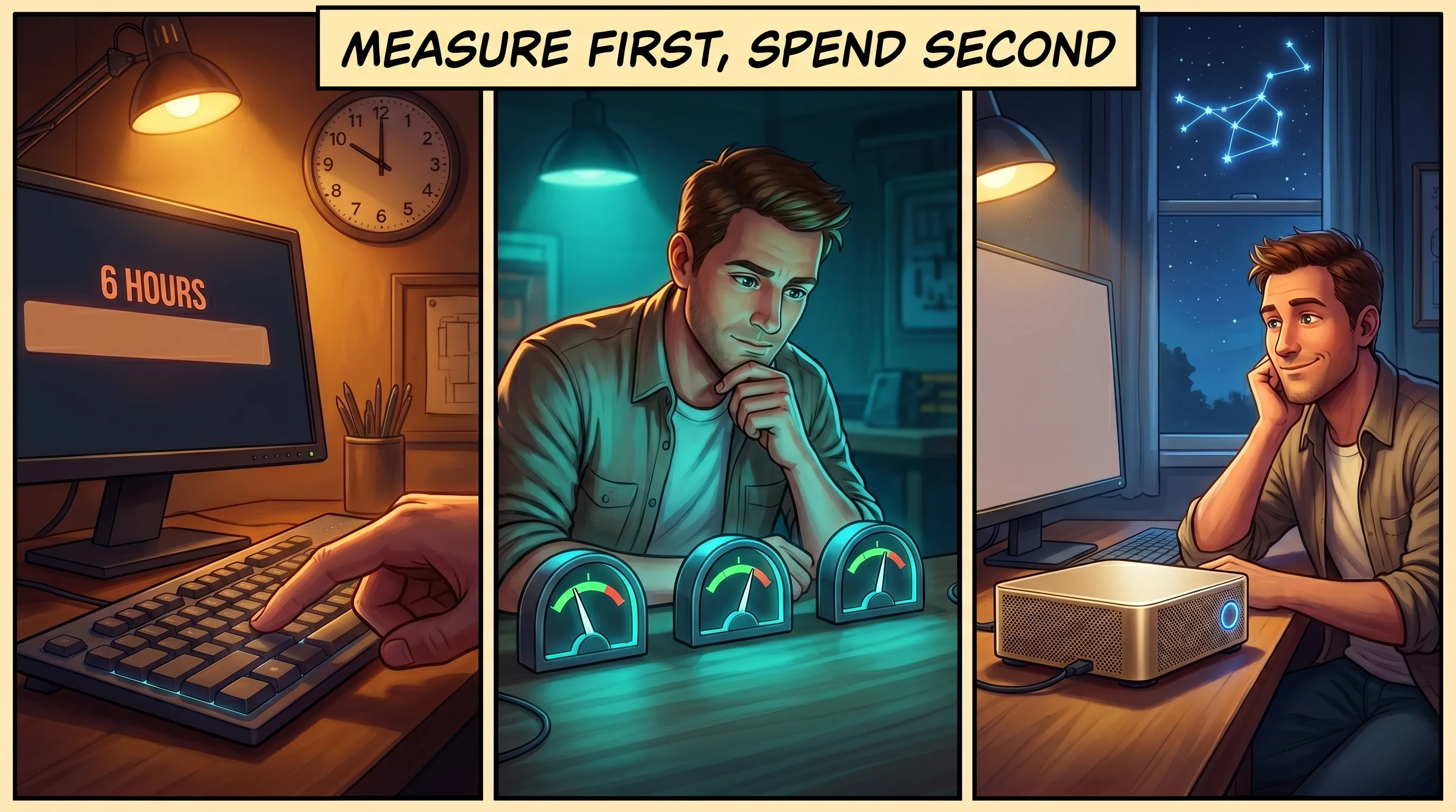 Three-panel painted comic. A builder's finger hovers over a glowing key while a screen warns of a six hour job, then he studies three small glowing gauges on his workbench, then he relaxes as a small gold AI computer runs the job as a pure test, with a blue star constellation in the window. A banner reads Measure first, spend second.