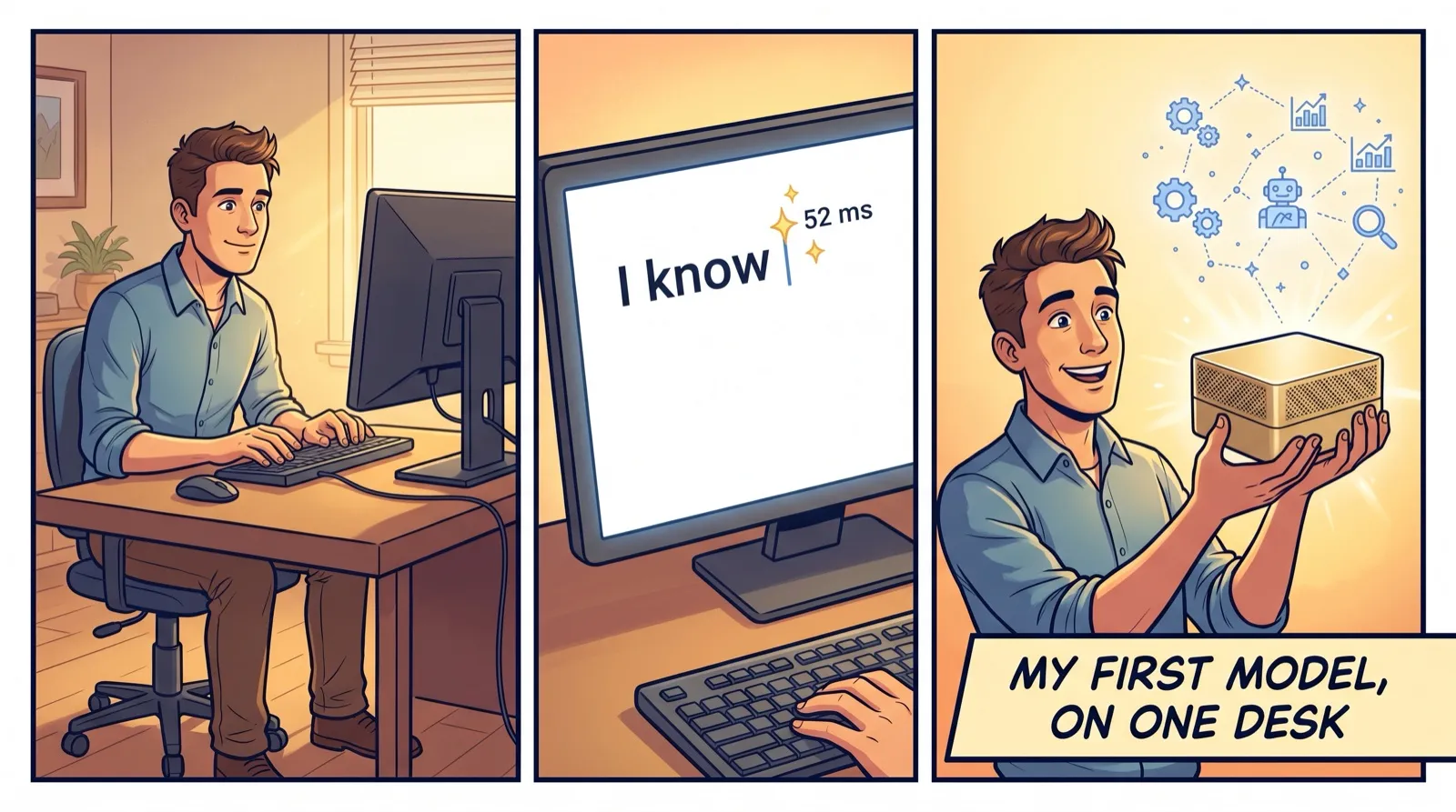 Three-panel comic. A builder runs one command, gets a first word in 52 milliseconds, and a small gold desktop AI glows with a blue constellation of icons.