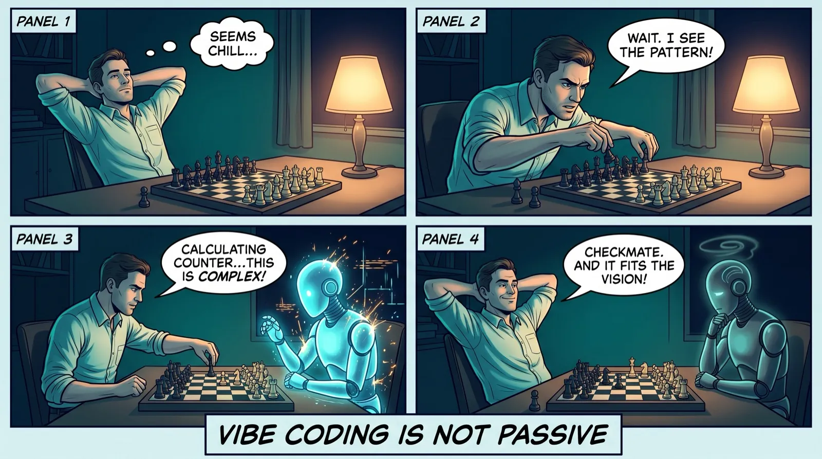 Four-panel comic. A builder plays chess against a glowing AI at night, looking relaxed at first, then leaning in focused and making the winning move. A banner reads: Vibe coding is not passive.