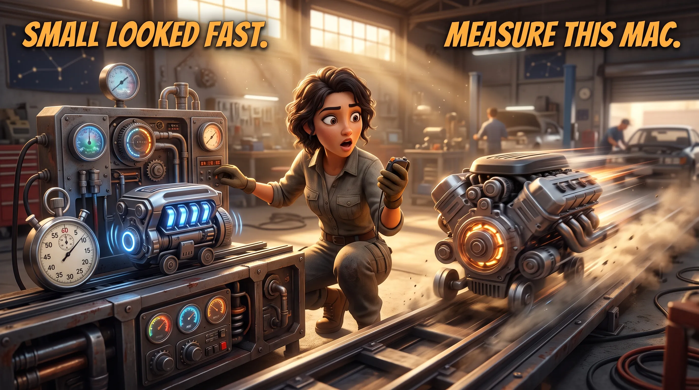 An engineer times two model engines on the same test rig as the larger one races ahead.