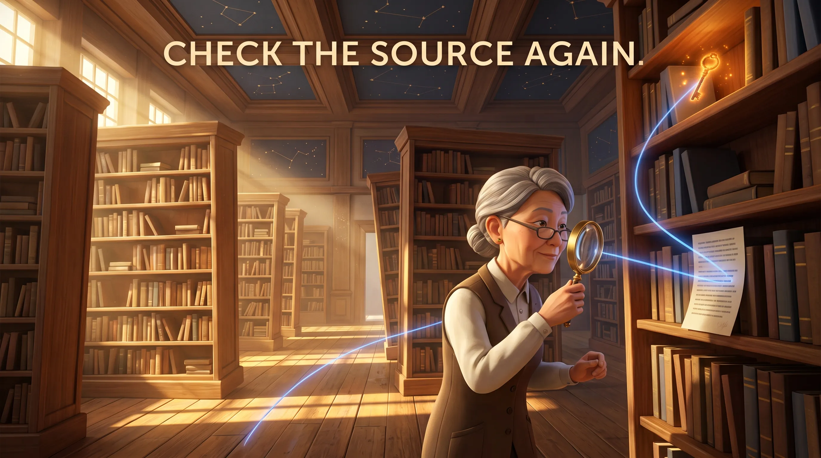 A researcher follows a blue evidence trail through a sunlit archive to the document's current source.