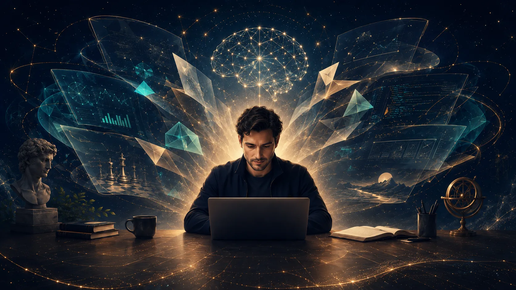 A knowledge worker at a laptop conducts a luminous constellation of research, code, strategy, art, and scientific ideas across a deep blue night sky.
