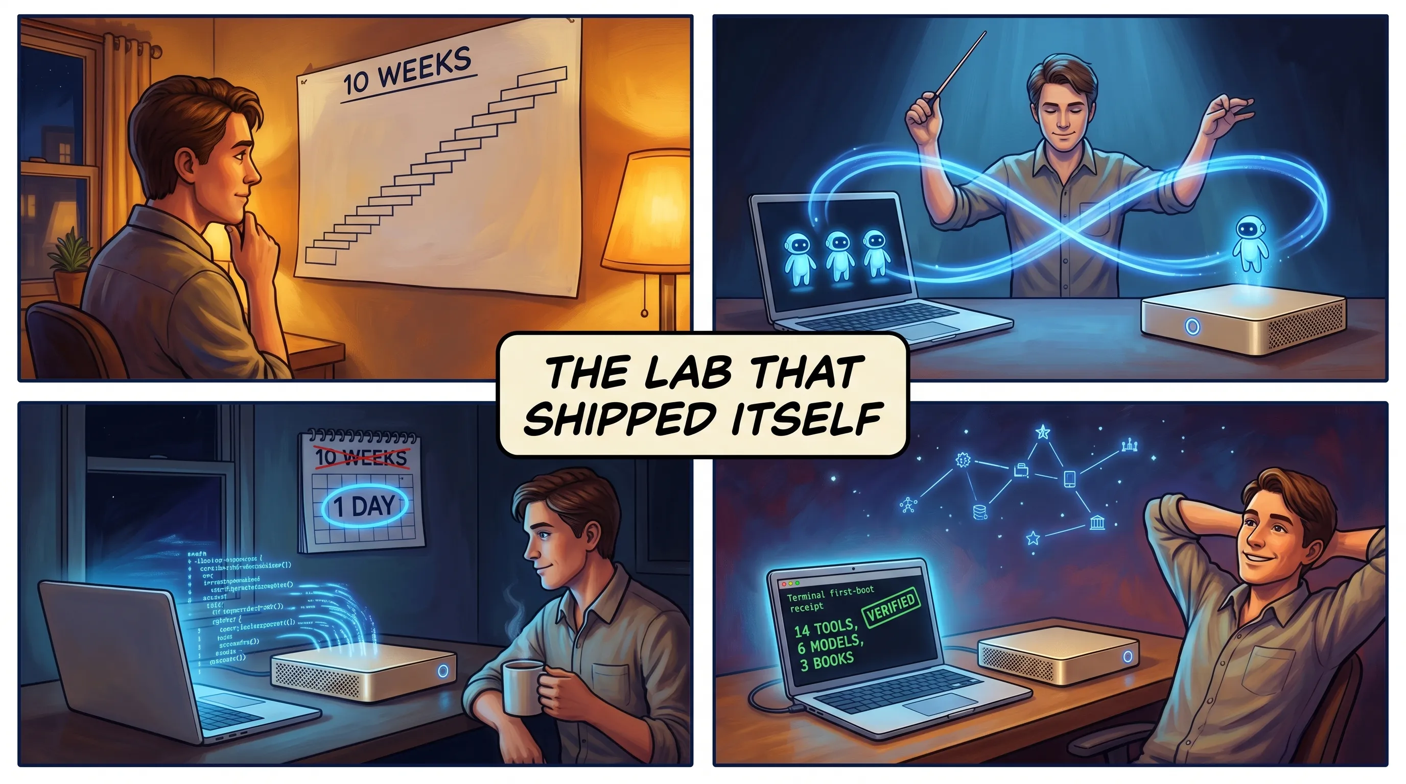 Four-panel painted comic. A builder studies a long project plan on the wall labeled 10 WEEKS that climbs like a staircase. He stands like a conductor waving a baton over blue light that loops between a laptop holding three glowing AI helpers and a small flat gold AI computer holding a fourth. Late at night the laptop and the gold box work together while a calendar crosses out 10 WEEKS and circles 1 DAY. He leans back happy beside a screen showing a first-boot receipt stamped VERIFIED with a tally of 14 tools, 6 models, 3 books, under a blue star constellation. A banner reads The lab that shipped itself.