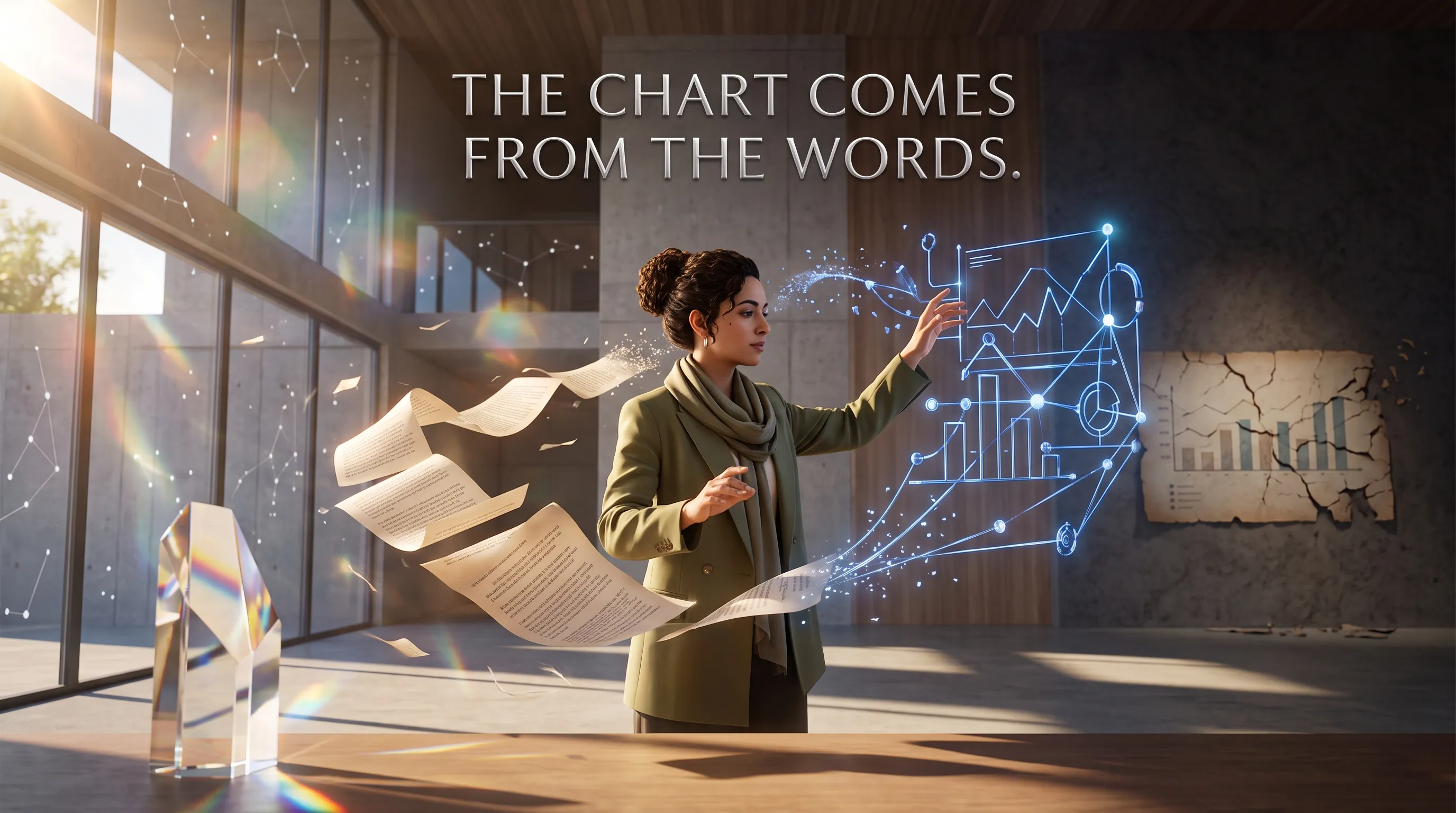 A creative director conducts written pages as they transform into charts beside a cracked stale graphic.