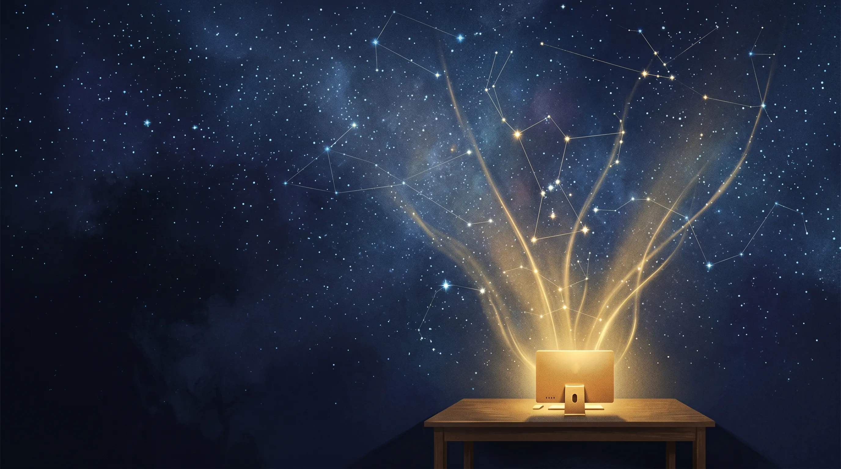 A small gold desktop computer glows on a plain desk at night, sending bright beams of light up into a wide sky full of stars and constellations.