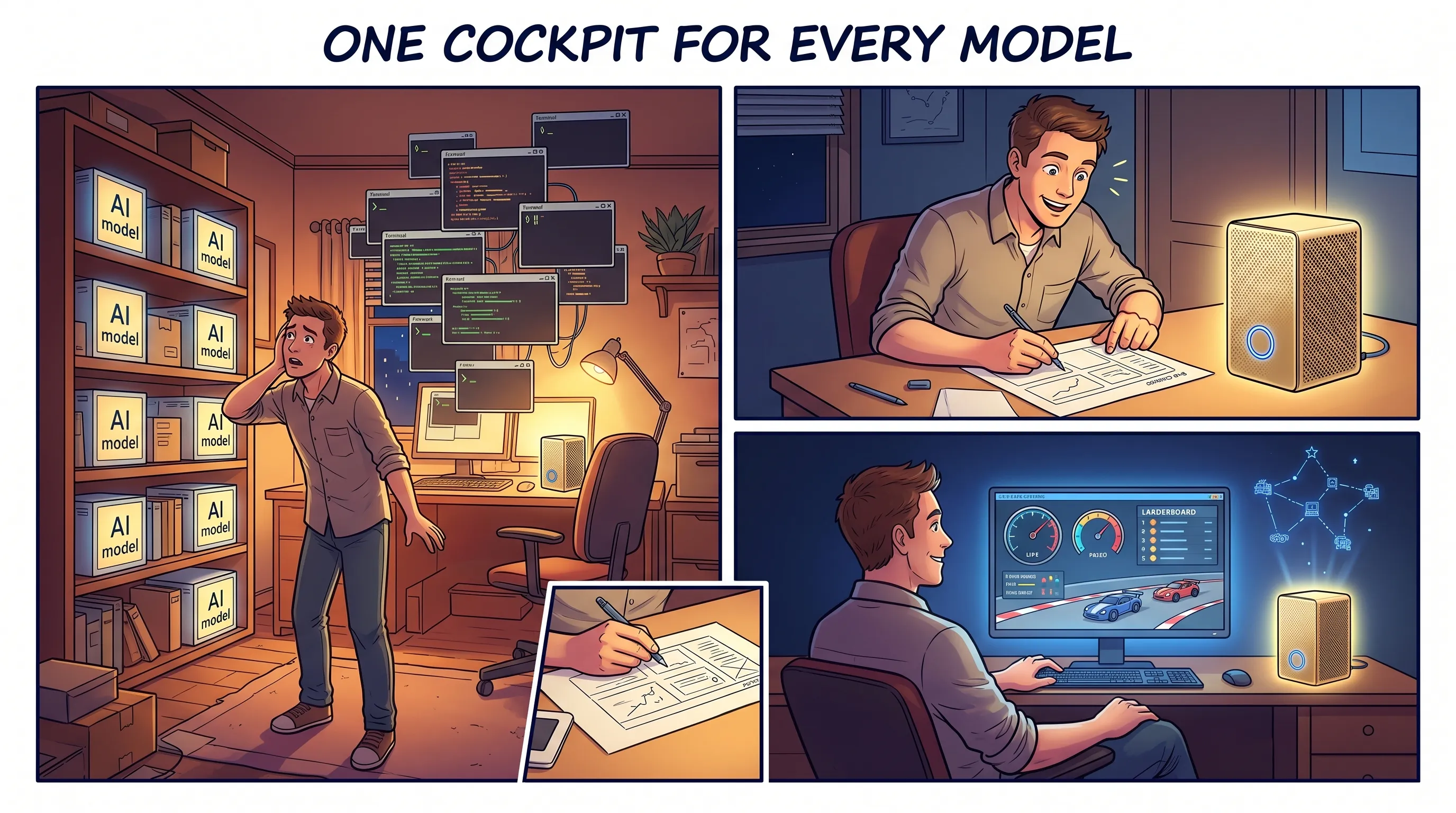 Three-panel painted comic. A builder looks overwhelmed at a shelf full of glowing AI model boxes and a tangle of terminal windows, then sketches a single dashboard beside a glowing gold desktop computer, then sits back happy at one screen with live dials, a leaderboard, and two models racing, under a blue star constellation. A banner reads One cockpit for every model.