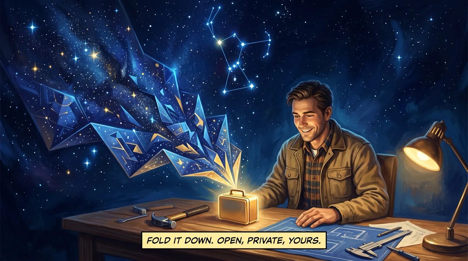 A builder smiles at a night desk under a starry sky as a small gold computer folds a glowing blue constellation down onto the desk. A banner reads: Fold it down. Open, private, yours.