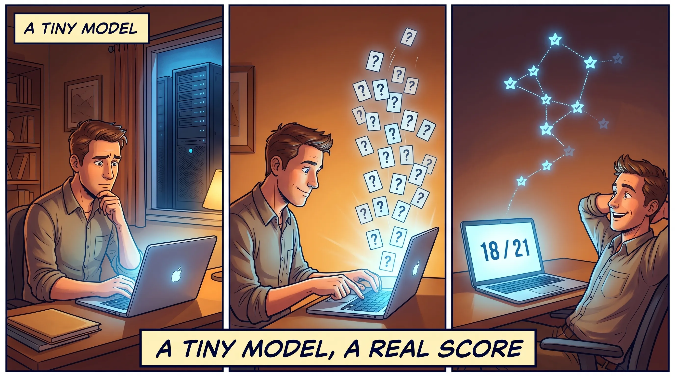 Three-panel comic. A builder eyes a glowing laptop while a big server tower looms; twenty-one question cards stream into the laptop; the screen reads 18 of 21 as a blue star constellation rises.