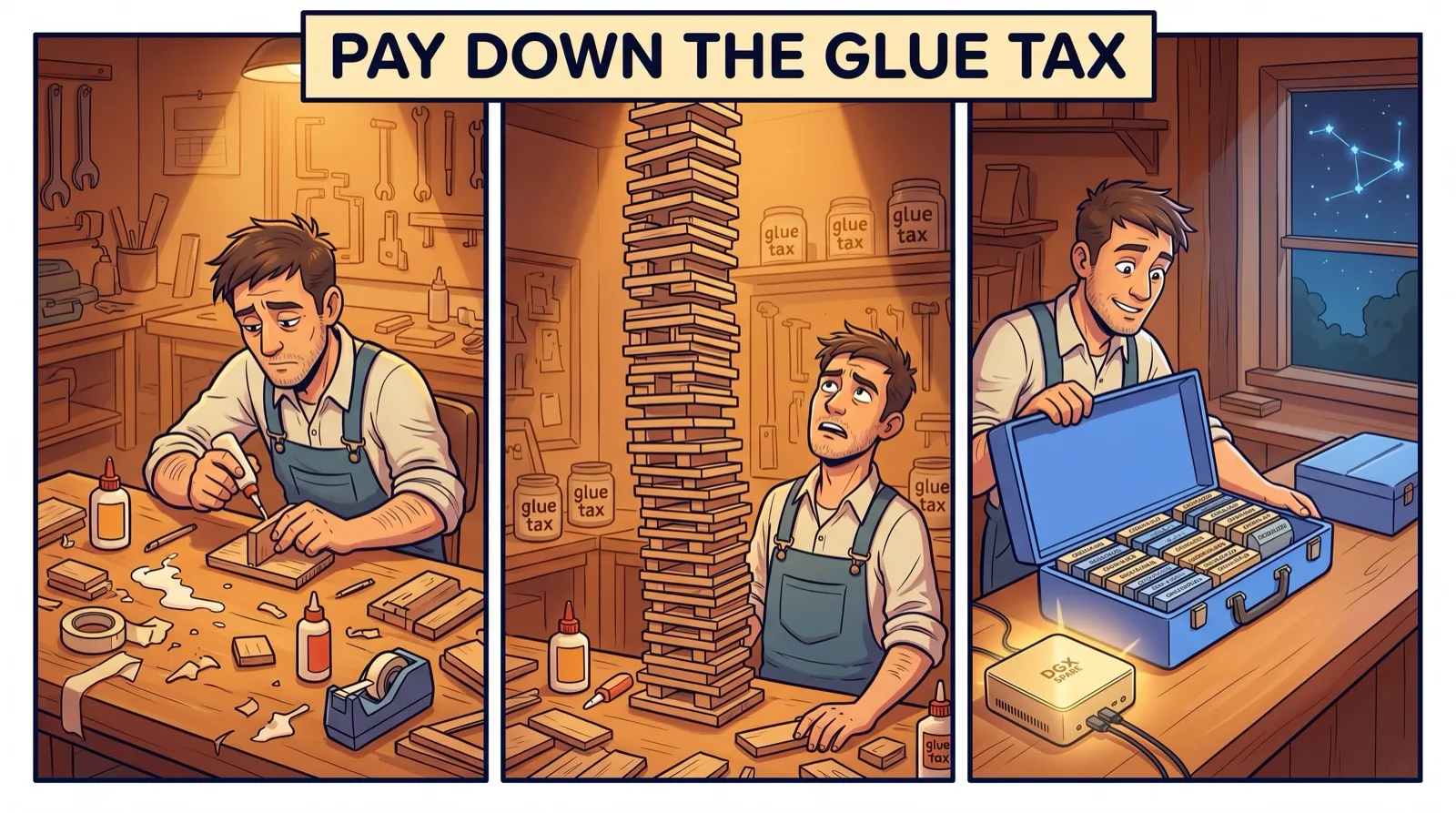 Three-panel comic in a warm workshop. A tired builder glues the same parts by hand, a tall tower of repeated glue-tax parts looms over them, then they open a tidy blue toolbox of ready-made modules. A banner reads: Pay down the glue tax.