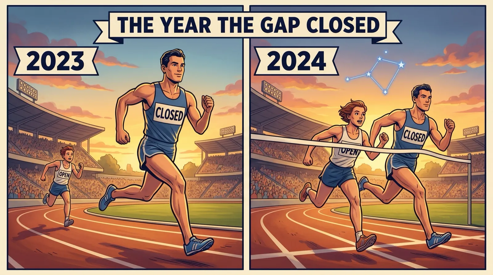 Two-panel comic at a sunset stadium. In 2023 a runner labeled CLOSED leads a smaller runner labeled OPEN by a wide margin. In 2024 the two hit the finish tape side by side under a blue star constellation. A banner reads: The year the gap closed.