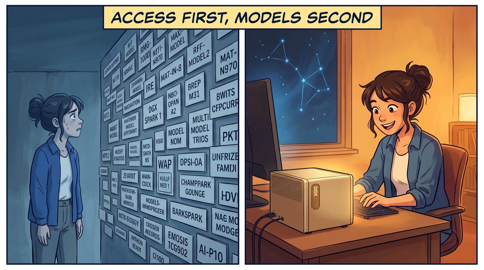 Two-panel comic. On the left a builder is stuck choosing from a wall of model names. On the right the same builder ships happily with one gold desktop AI.