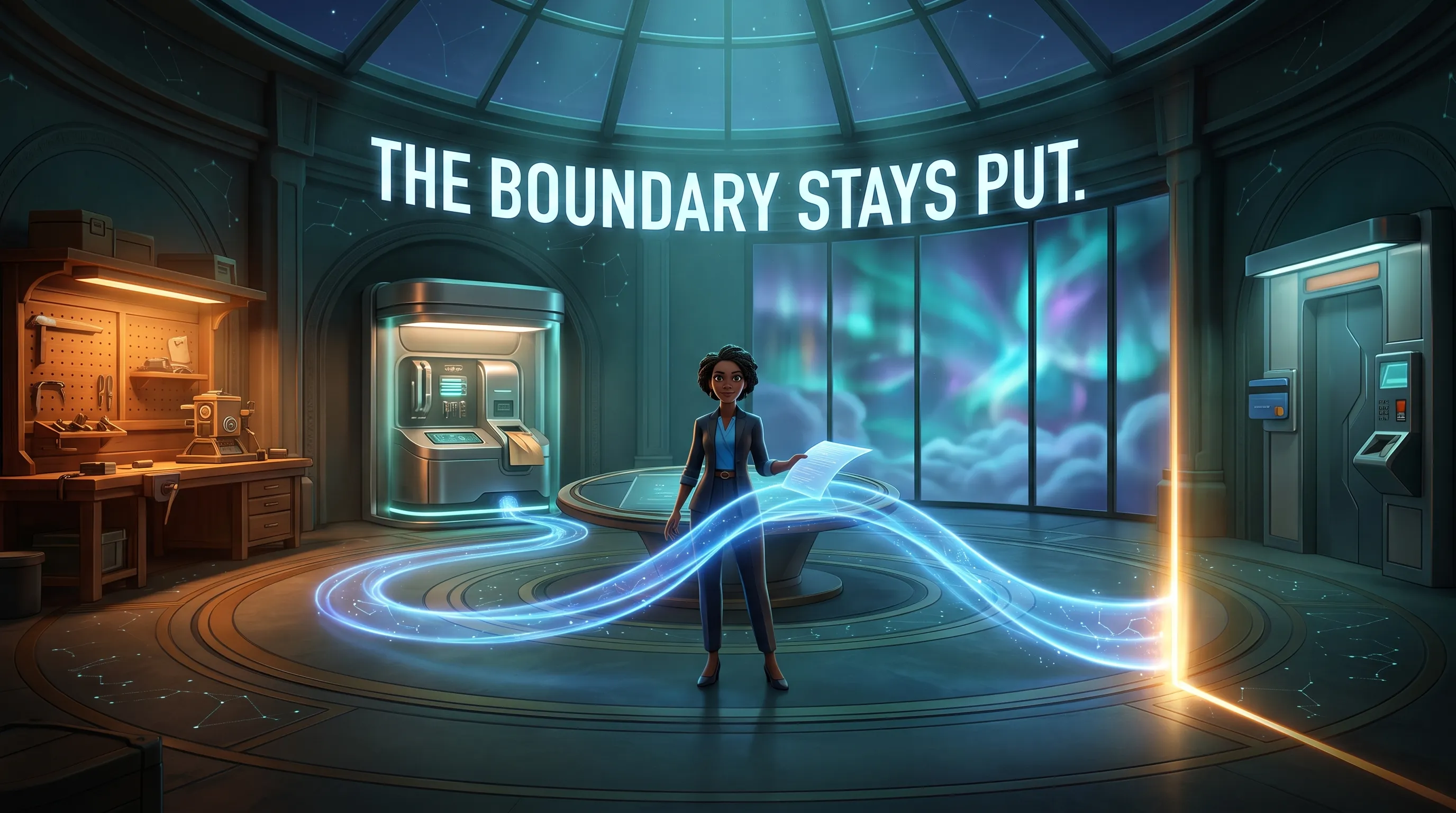 A creator routes a glowing document path between four execution chambers, stopping it at a bright boundary.