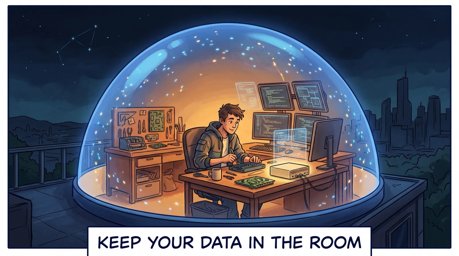 Comic. A builder works at a desk inside a warm glowing dome at night while data stays safely in the room.