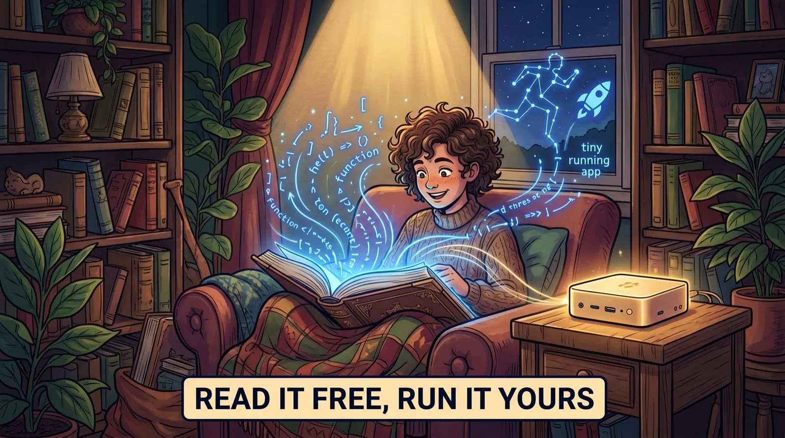Spotlight comic. In a cozy night reading nook, an open glowing book pours friendly code into the air that becomes a blue star constellation and a tiny running app, with a small gold desktop computer glowing beside it. A banner reads: Read it, run it yours.