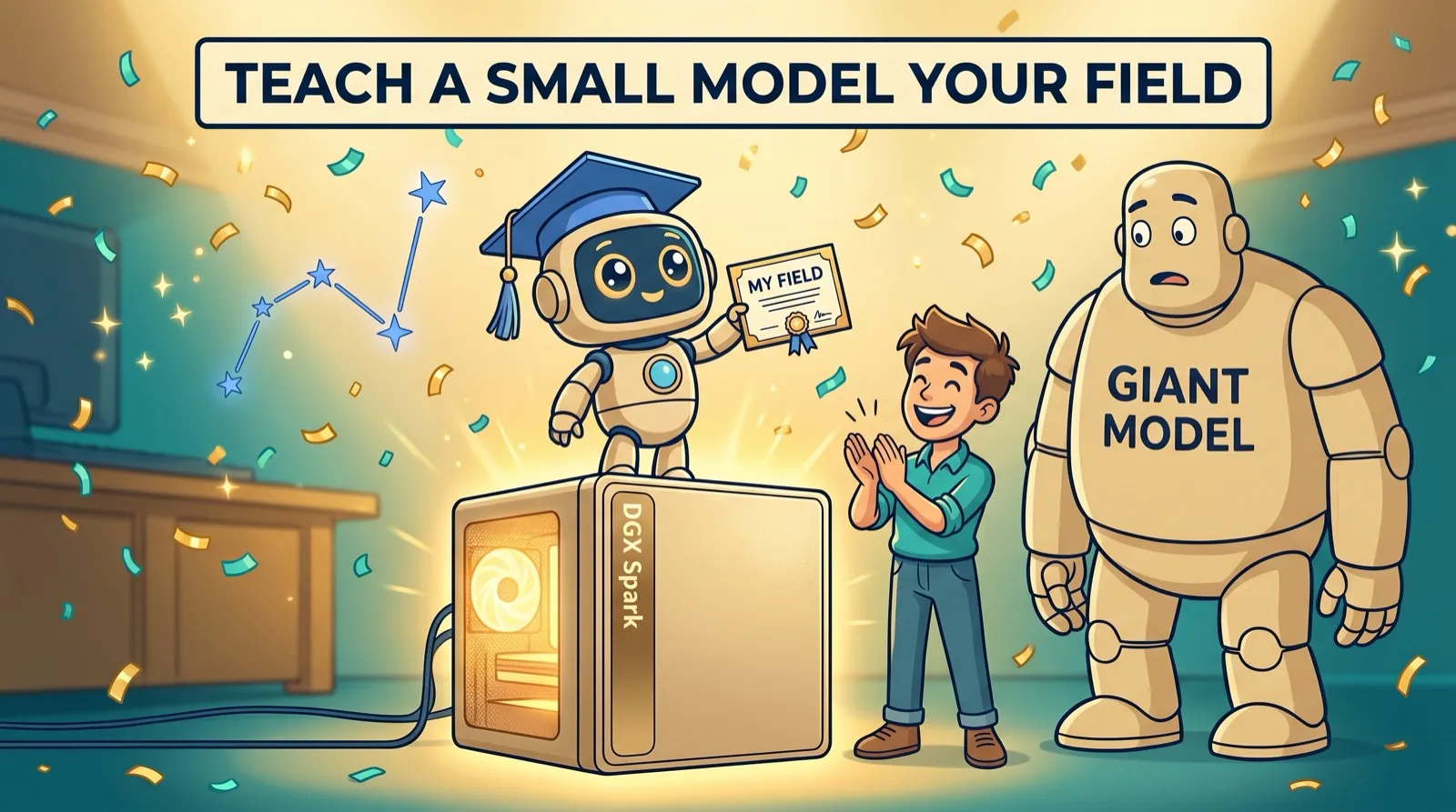Spotlight comic. A small friendly AI model wears a graduation cap and holds a badge that says My Field, standing on a small gold desktop computer while the builder claps.