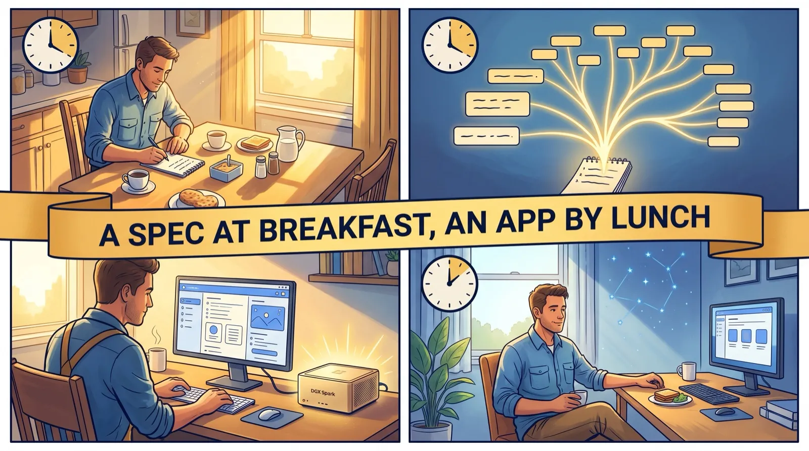 Four-panel comic. A builder writes three sentences at breakfast, the plan fans out into tasks, an app fills the screen by noon, then the builder leans back by the finished app.