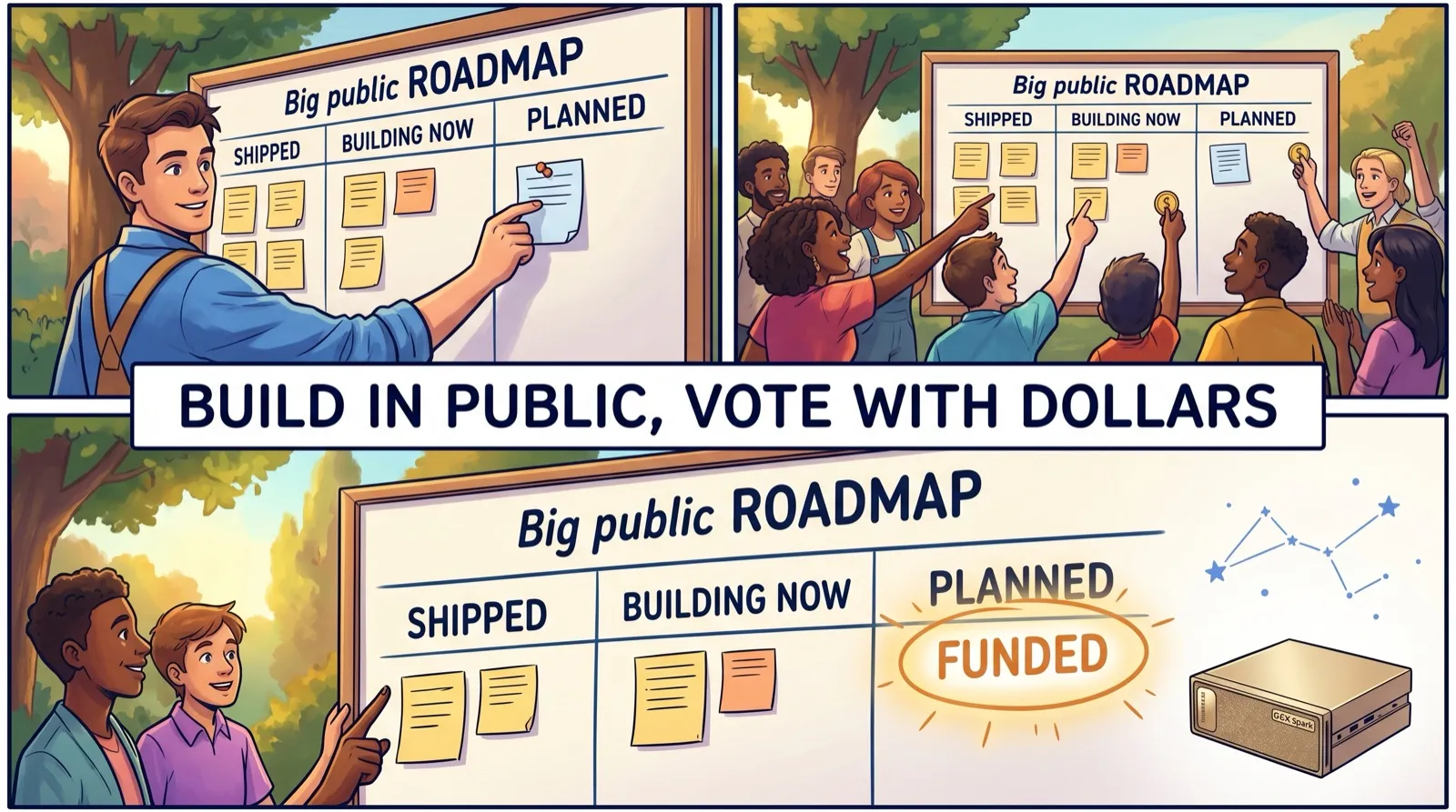 Three-panel comic. A builder pins a card to a big public roadmap board with Shipped, Building now, and Planned lanes, a diverse community cheers and raises coins to vote, and a lane lights up Funded under a blue constellation. A banner reads: Build in public, vote with dollars.