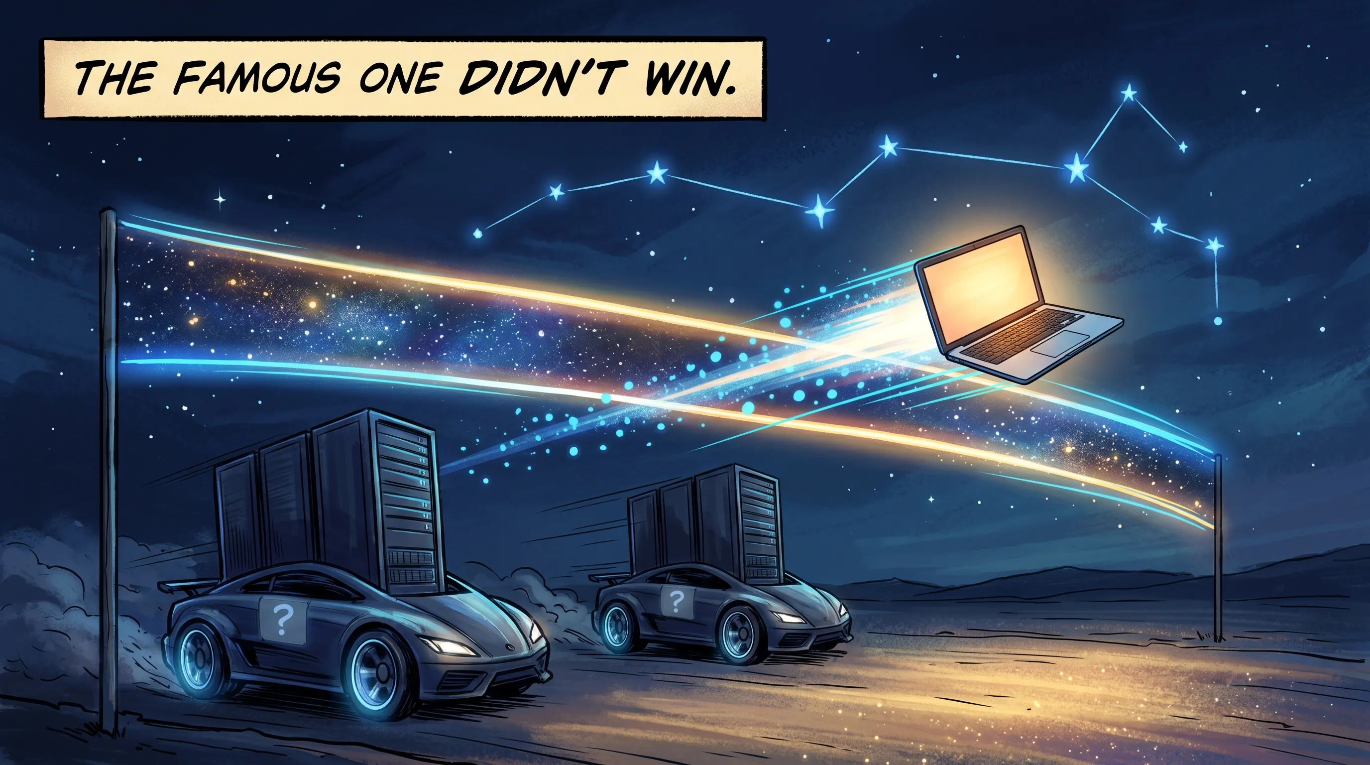A comic race at night. A glowing laptop streaks across the finish line first on a blue comet trail while two big dark server racers marked with question marks lag behind, a star constellation overhead.