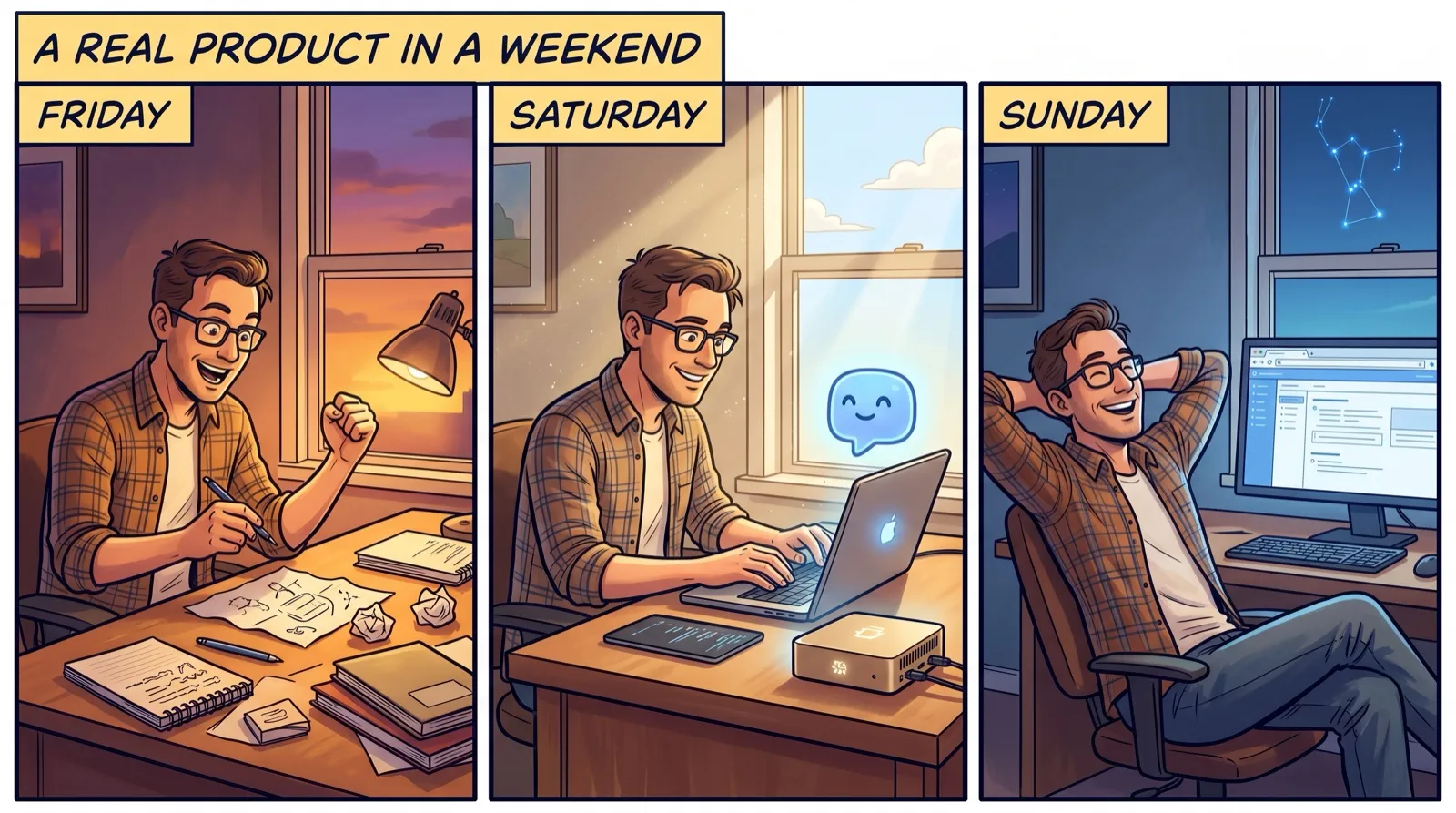 Three-panel comic of a builder at a home desk turning a weekend idea into a finished app with AI help.