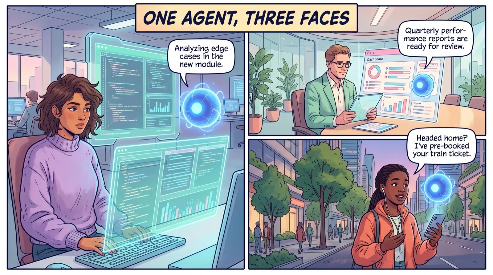 Three-panel comic. The same AI agent meets a developer at a terminal, a manager at a dashboard, and a person by voice.