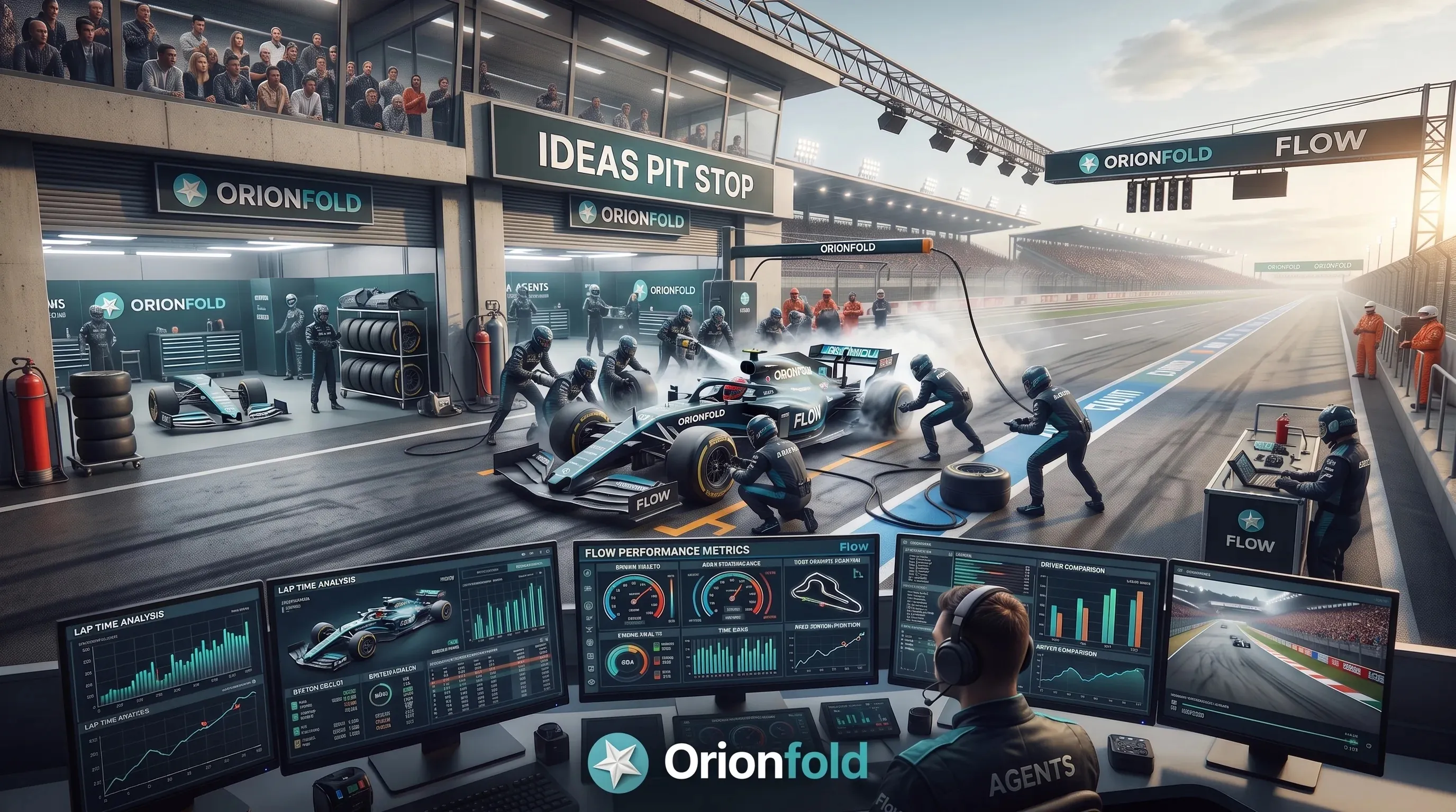 A pit crew services the Orionfold Flow race car at the Ideas pit stop while a driver watches telemetry screens beside the track.