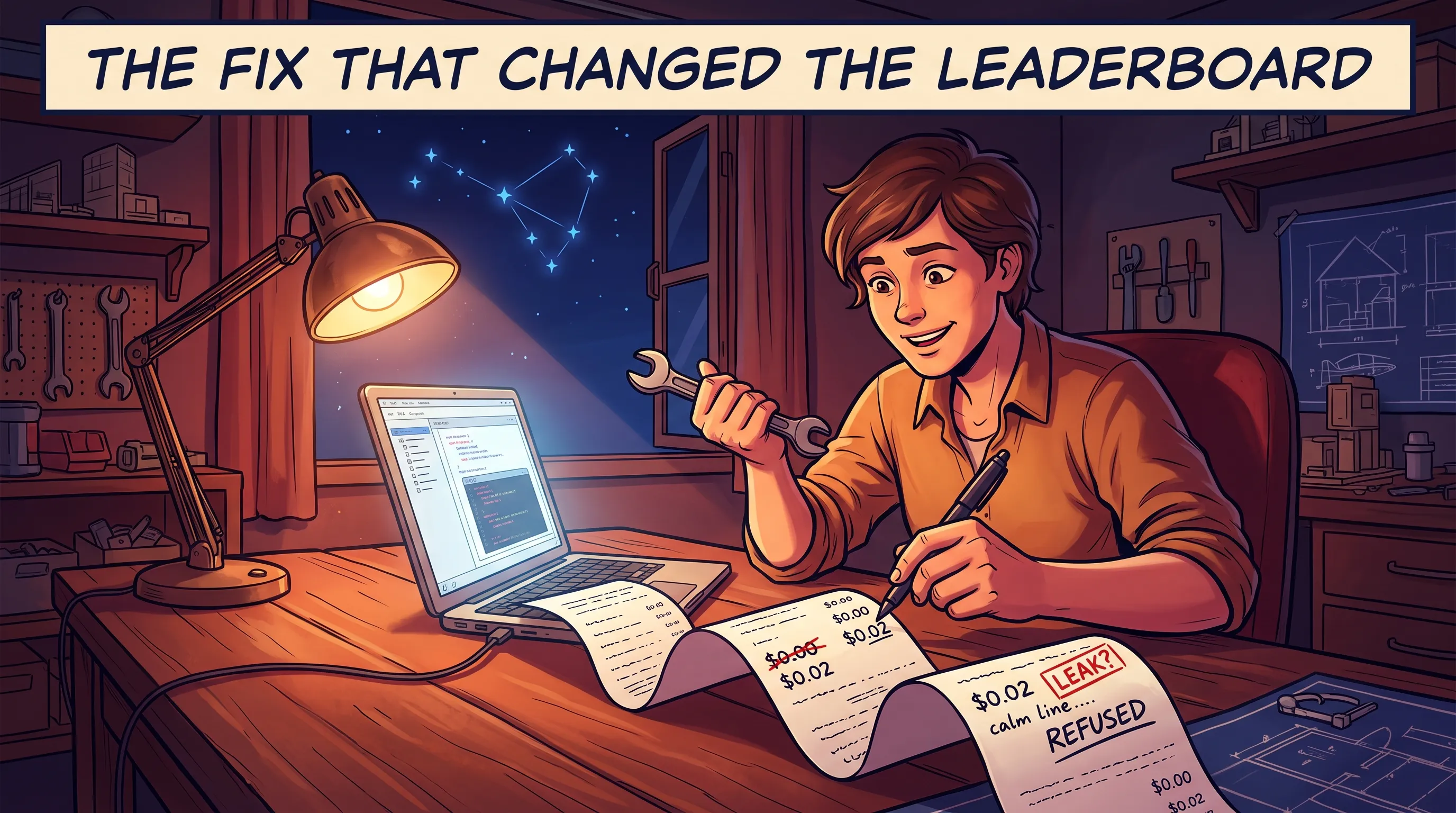 A comic of a glowing laptop on a desk at night. A signed paper receipt unspools from it across the desk, and a small wrench icon hovers over a corrected number, with a star constellation overhead.