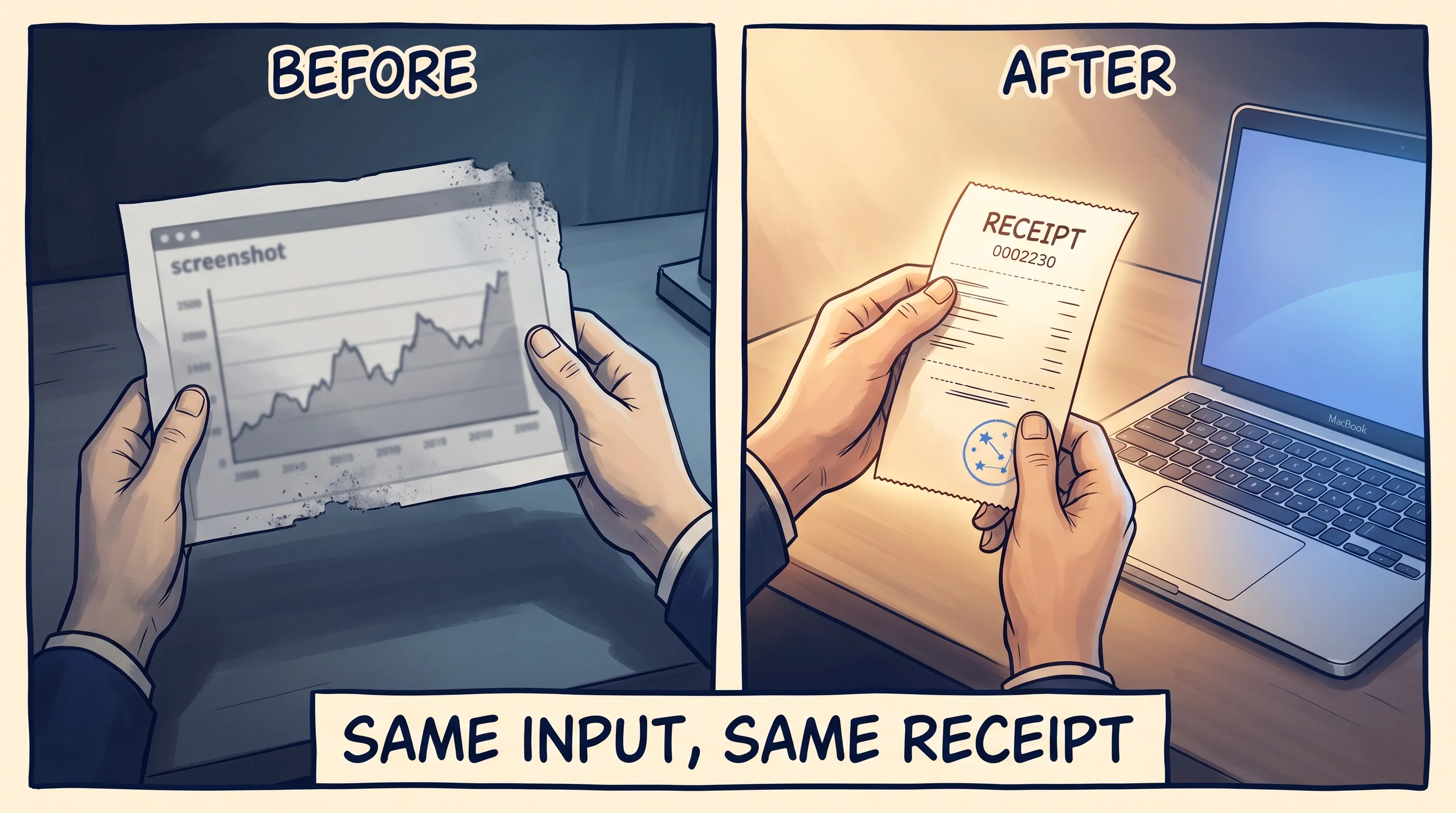 Two-panel before-and-after comic. On the left a pair of hands holds a fading, crumbling grey screenshot of a chart; on the right the same hands hold a glowing printed receipt stamped with a star seal, a laptop beside it.