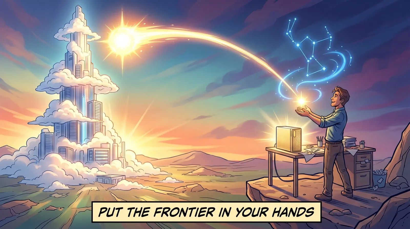 A glowing tower of clouds and servers sends a bright star of light across a sunset sky into the open hands of a builder at a small desk, where a gold computer glows. A banner reads: Put the frontier in your hands.