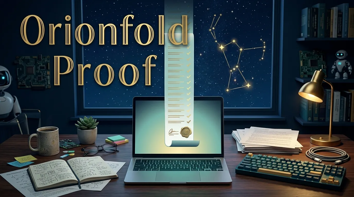 Orionfold Proof poster: a laptop on a desk emitting a long signed receipt under a star constellation, with the gold title Orionfold Proof.
