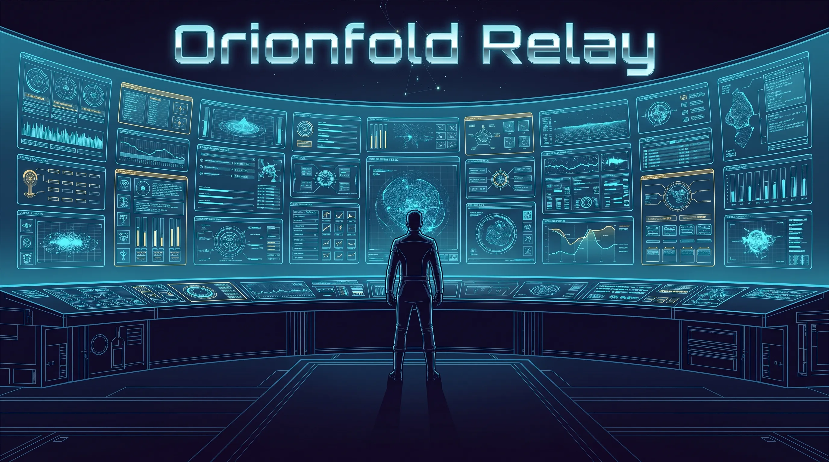 Orionfold Relay poster: one operator at a wide command wall of glowing client panels, running a whole AI agency from one board.