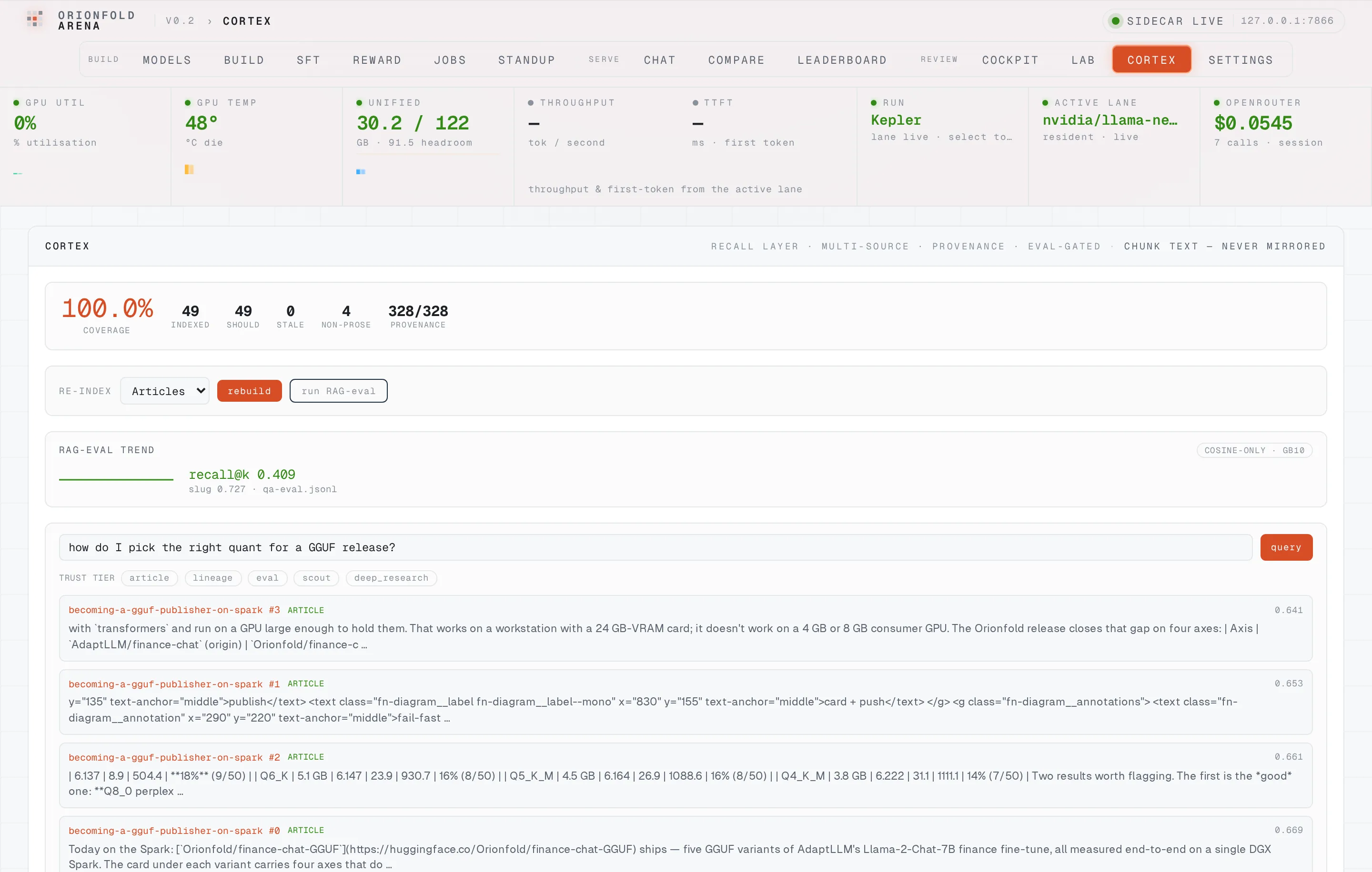 The query console answering a plain-language question about picking the right shrunk model build, with cited passages, each tagged by the trust level of its source.