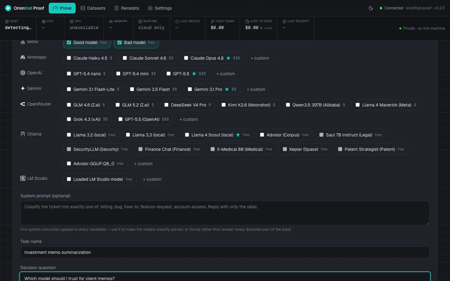 The candidate picker listing local models through Ollama and cloud models across providers, side by side.