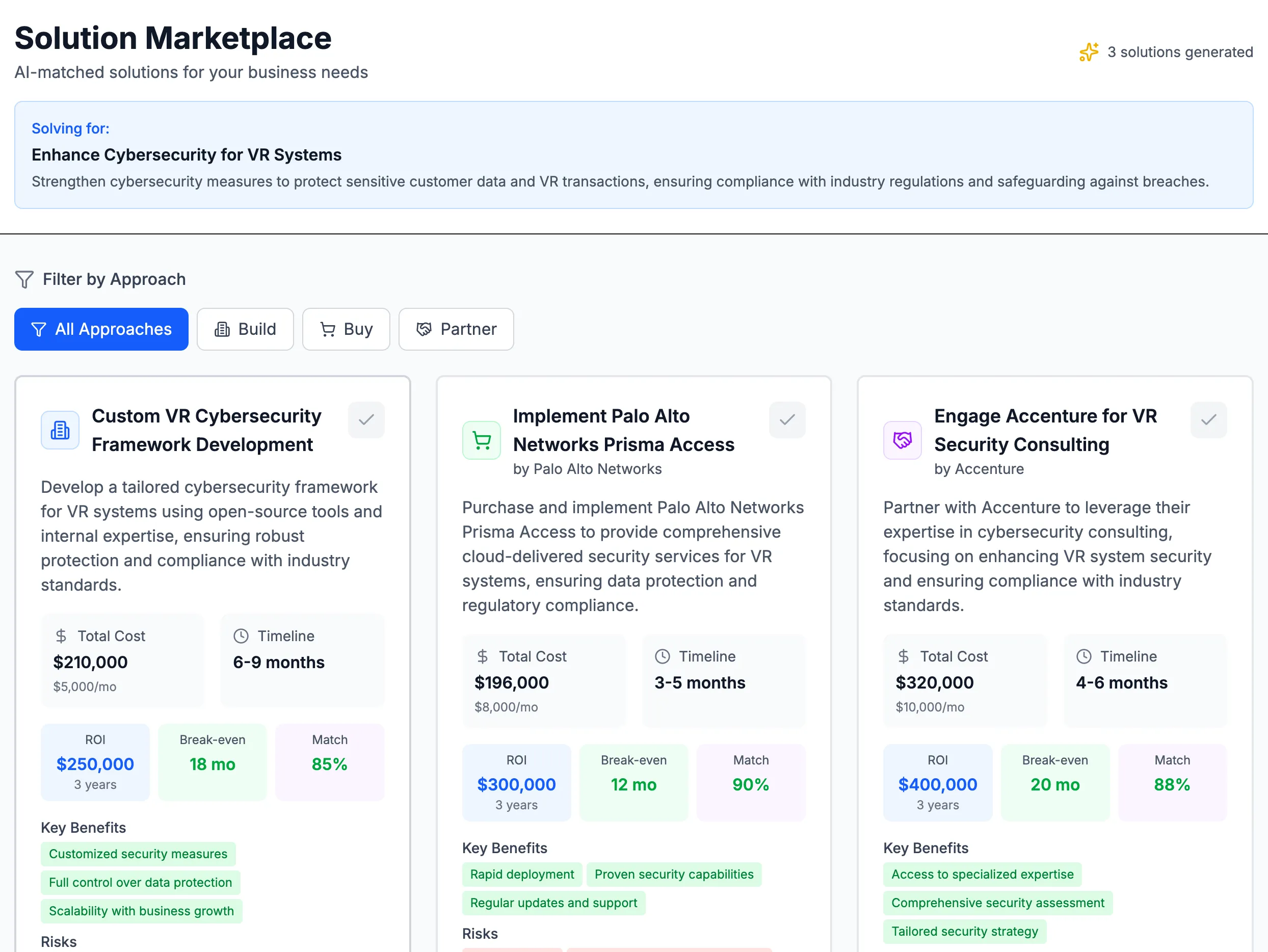 A solutions view comparing build, buy, and partner options for a business need.