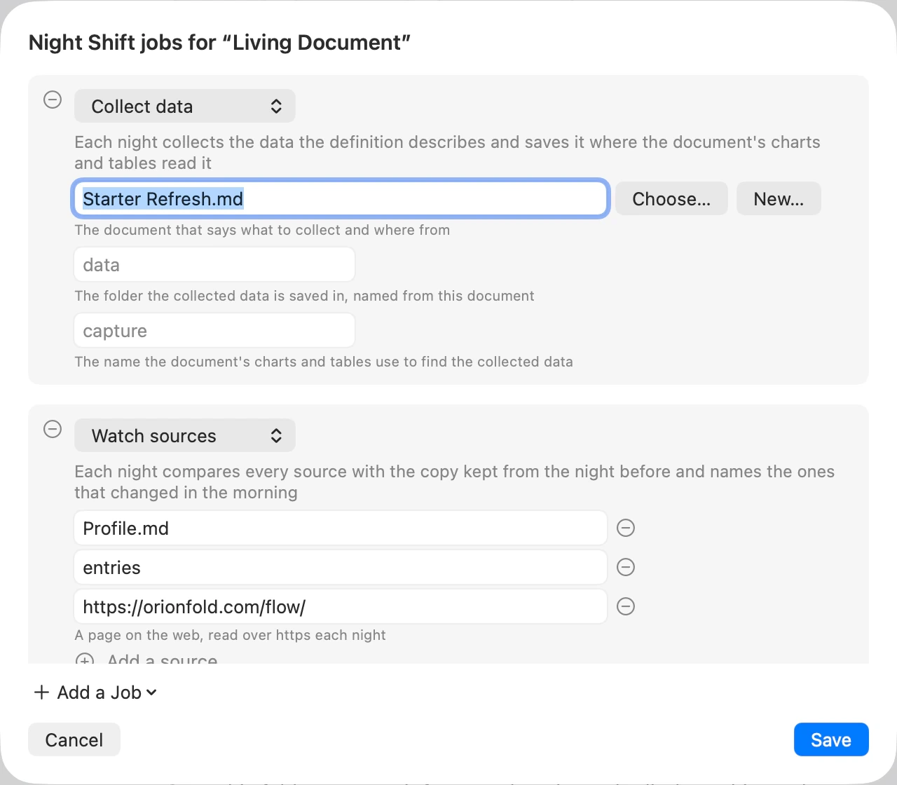 The Jobs Editor shows Collect data and Watch sources, with source fields, explanations and Save.