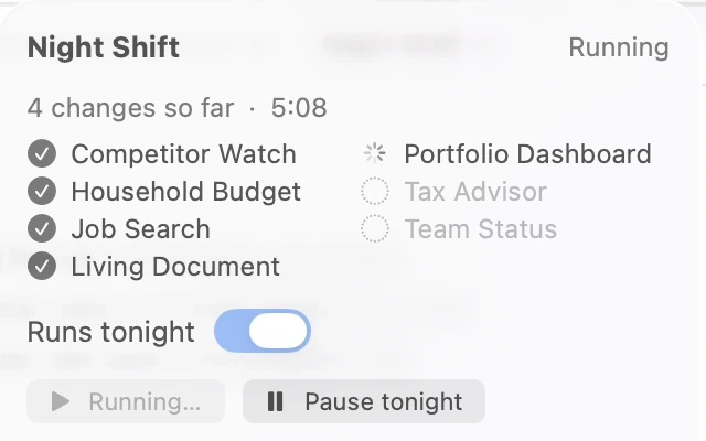 The Night Shift progress menu lists completed, running and waiting documents.
